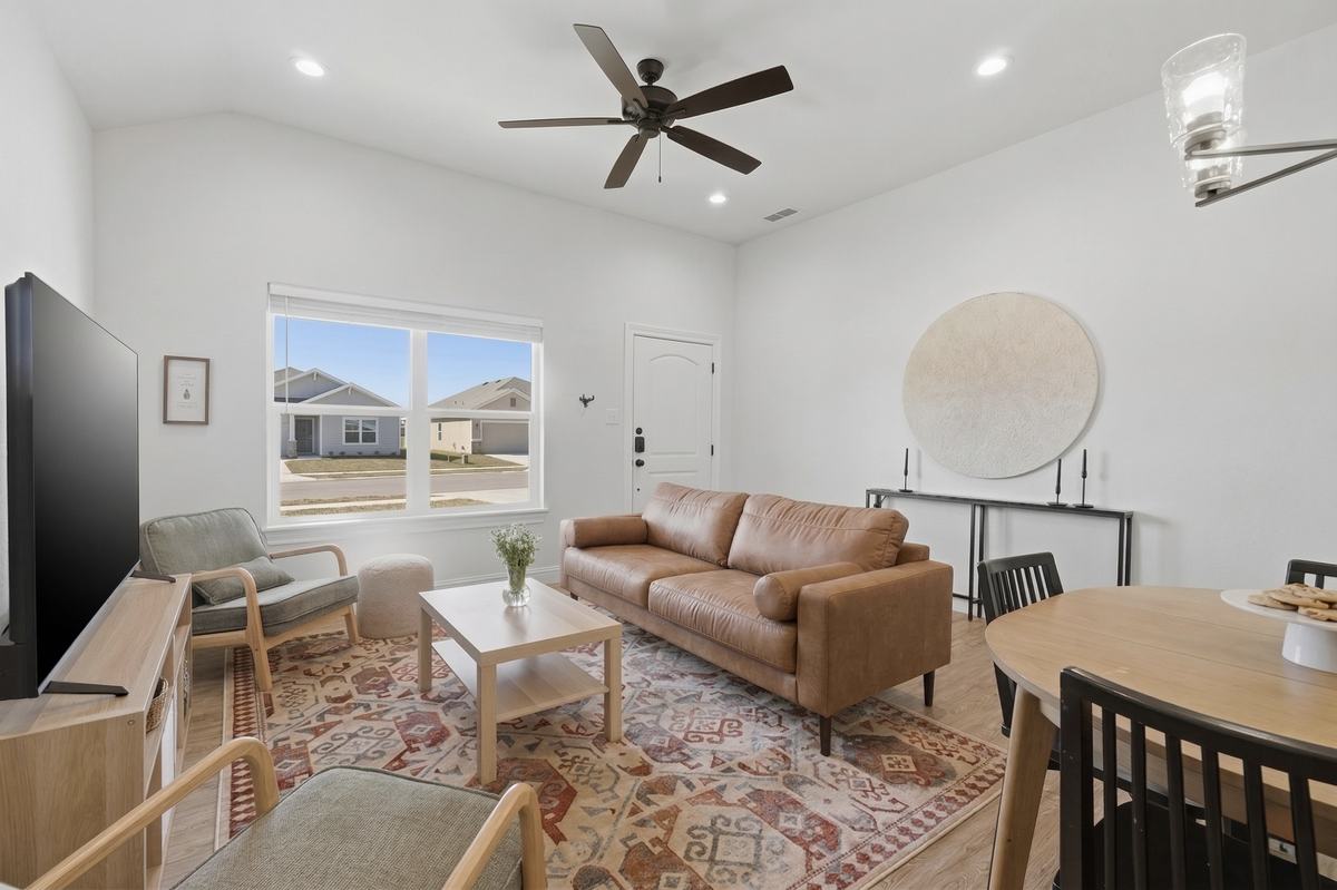 Furnished living room in an Abilene crew housing home